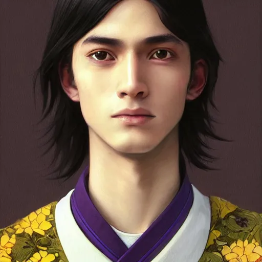 Image similar to teenager boy with straight indigo hair, purple eyes with red eye markers, slim body, wearing a detailed japanese kimono. modern, realistic, looking at the camera, enjoying life!!! elegant, highly detailed, digital painting, artstation, concept art, matte, sharp focus, illustration, art by artgerm and greg rutkowski and alphonse mucha