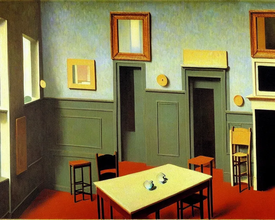 Image similar to achingly beautiful painting of a sophisticated, well - decorated kitchen by rene magritte, monet, and turner.