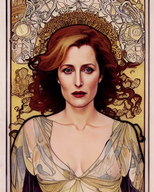 Prompt: Gillian Anderson, by Mucha, intricate, 8k,