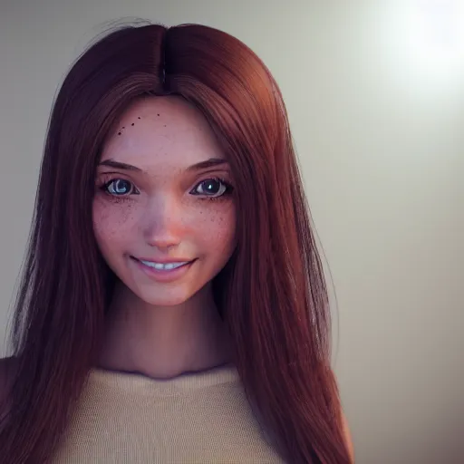 Prompt: Render of April, a cute 3D young woman, long shiny bronze brown hair, full round face, green eyes, light tan skin cute freckles, light blush, smiling softly, wearing casual clothing, interior lighting, cozy living room background, medium shot, mid-shot, hyperdetailed, hyperreal, trending on Artstation, Unreal Engine 4k