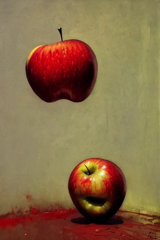 Image similar to A giant apple floating in an abandoned room, detailed art by Phil hale and Ilya repin