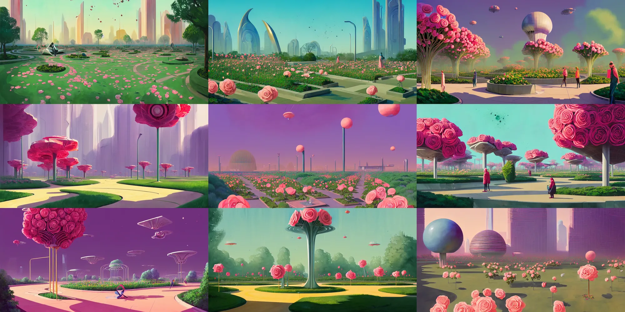 Prompt: a beautiful illustration of futuristic rose garden, big medium small, golden ratio, in watercolor gouache detailed paintings, in style of syd mead, trending on artstation, 8 k, panel, hard surface, vent, zaha hadid, props, cozy, decoration, simon stalenhag, deus ex