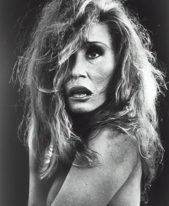 Prompt: A low key medium format portraiture photograph of Tawny Kitaen by Andreas Feininger arround 1983 on black and white film.
