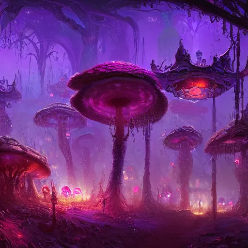 Image similar to concept art detailed painting of a dark purple fantasy fairytale fungal town made of mushrooms, with glowing blue lights, in the style of jordan grimmer and neil blevins and wayne barlowe