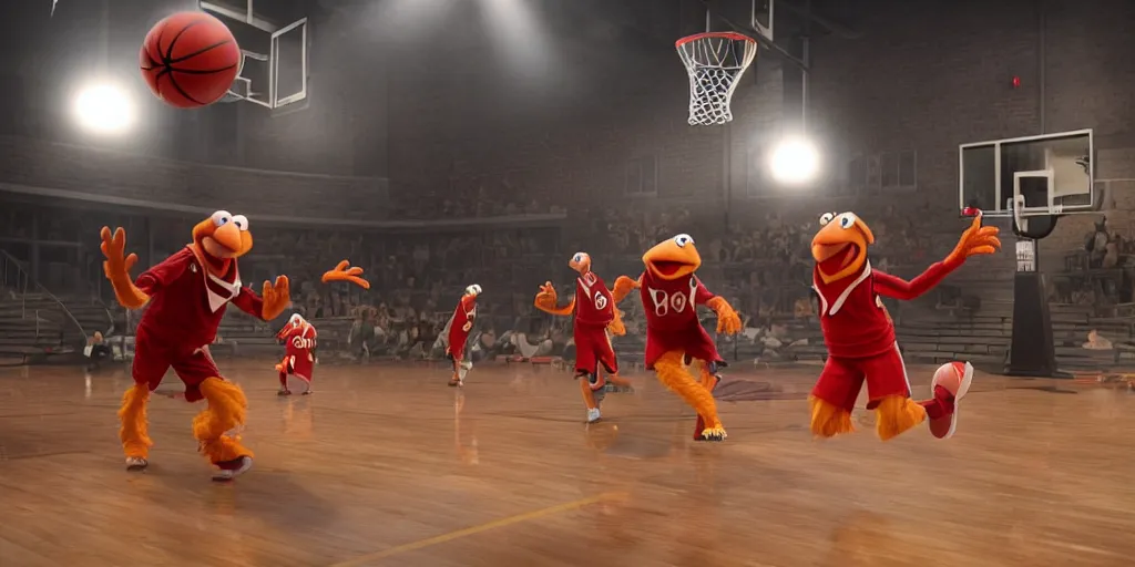 Image similar to muppets playing basketball, ultra realistic, ultra detail, atmospheric, volumetric lighting