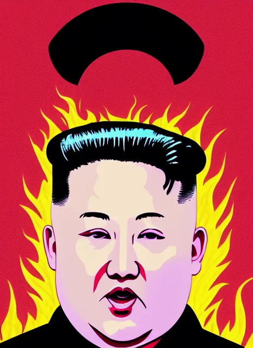 Image similar to kim jong - un with a bottle of vodka on an icon with a halo of fire, scary infernal art in color