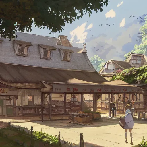 Prompt: concept art painting of a historic bakery with european and japanese architecture, in a woodland village surrounded by trees, realistic, detailed, cel shaded, in the style of makoto shinkai and greg rutkowski and james gurney