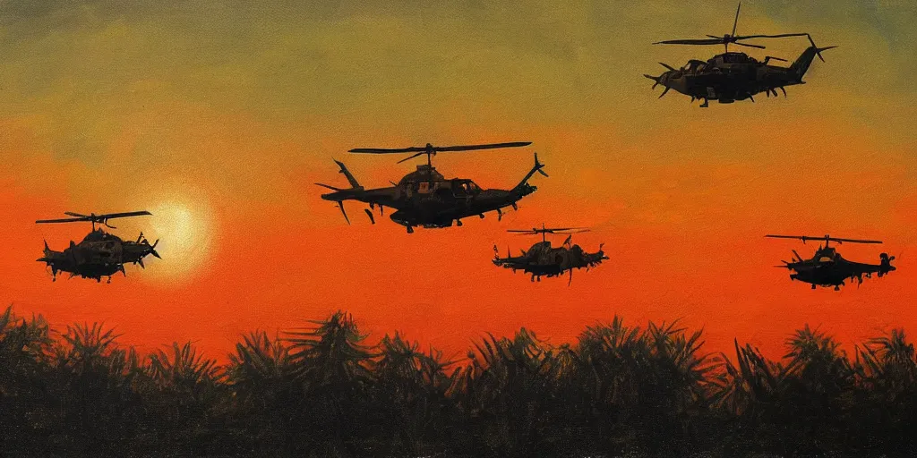 Prompt: Painting of vietnam Huey Helicopters, above a forest, orange sun set, abstract, realism, high details, glow, far, distance, over the horizon, drawn