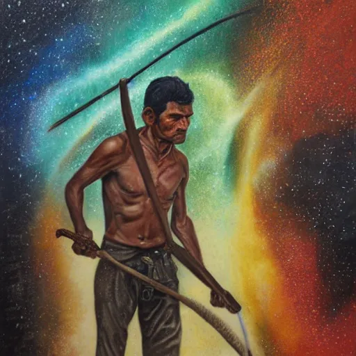 Image similar to portrait of head and body, single bangla farmer fighting on hoseback, hand to hand combat with machete, wielding machete, full body view, long flowing hair, fighting for his life, nebula aura surrounding subject, horseback combat attacker foreground, background of invading army, nestor canavarro hyperrealist art style, sharp outlines