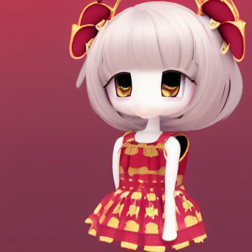 Image similar to cute fumo plush of a girl in a red and gold patterned dress, stylized material bssrdf, vray, anime girl