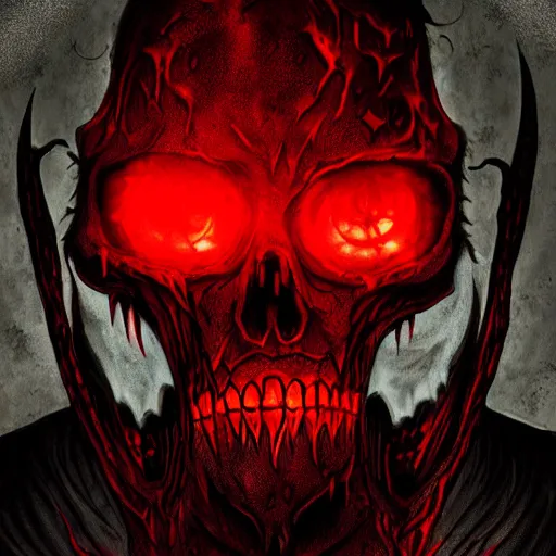 Prompt: horrific demon, skull face, red eyes, terror, horror, scary, nightmare, high quality, high resolution