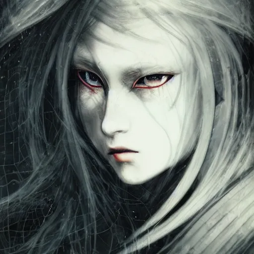 Image similar to yoshitaka amano blurred and dreamy illustration of an anime girl with pirate eye patch, wavy white hair and cracks on her face wearing elden ring armour with the cape fluttering in the wind, abstract black and white patterns on the background, noisy film grain effect, highly detailed, renaissance oil painting, weird portrait angle