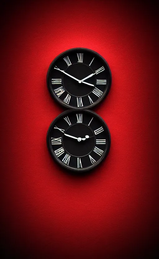 Image similar to a melting Roman numeral clock, behind a red and black gradient background, dynamic lighting, photorealistic fantasy concept art, trending on art station, stunning visuals, cinematic, creative, ultra detailed