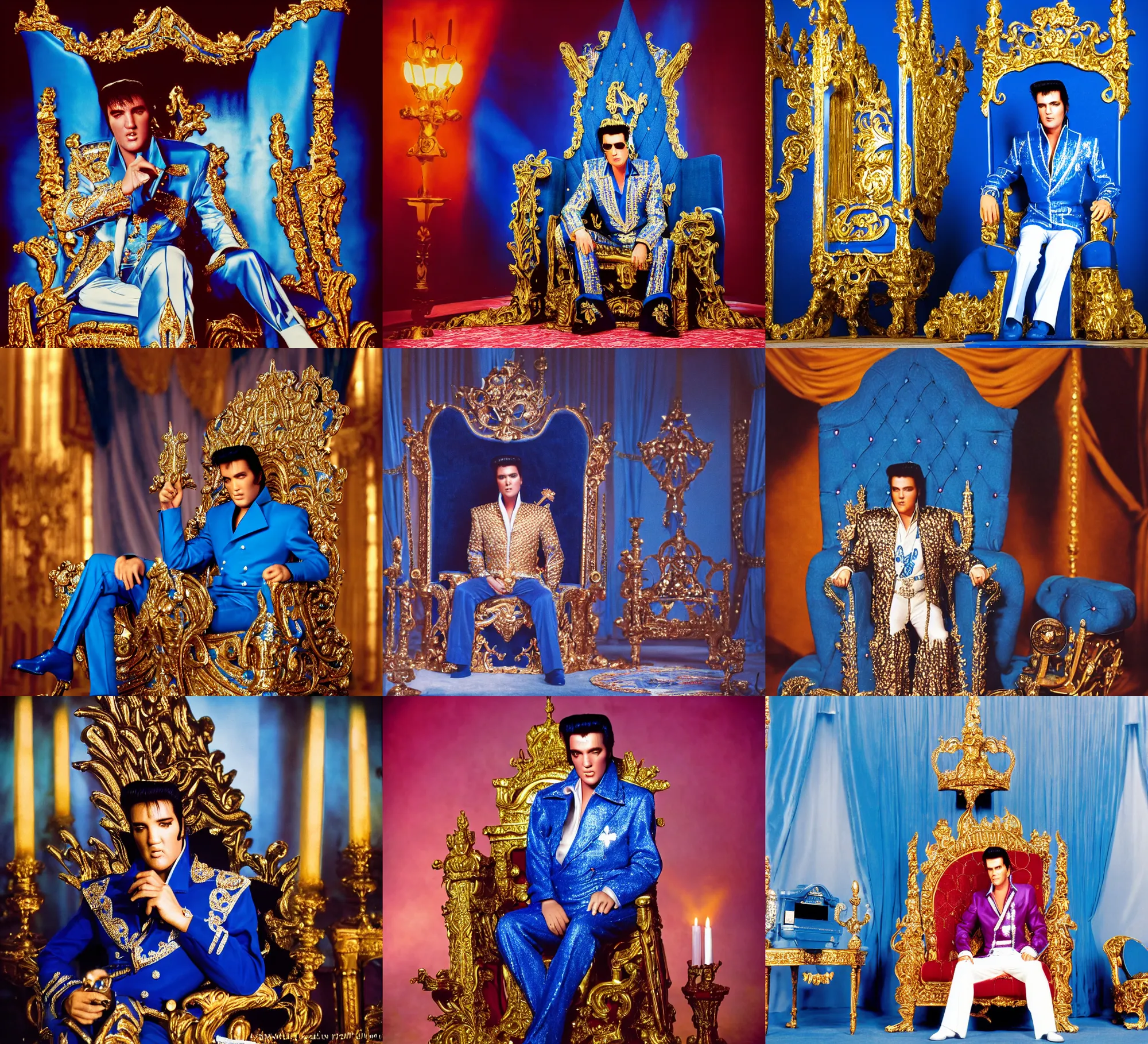 Prompt: sharp, detailed, color film of elvis sitting on his throne in his castle, atmospheric lighting, in focus, blue reflective eyes, 3 5 mm macro lens, live action, nice composition, photorealistic