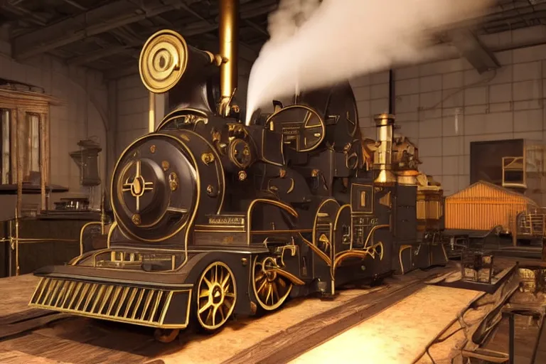 Prompt: still photo of the invention of steam engine, highly detailed, photorealistic shot, bright studio setting, studio lighting, crisp quality and light reflections, unreal engine 5 quality render