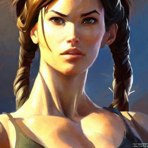 Prompt: greg manchess portrait painting of fully armored and armed lara croft as overwatch character, close - up shot, asymmetrical, profile picture, organic painting, sunny day, matte painting, bold shapes, hard edges, street art, trending on artstation, by huang guangjian and gil elvgren and sachin teng