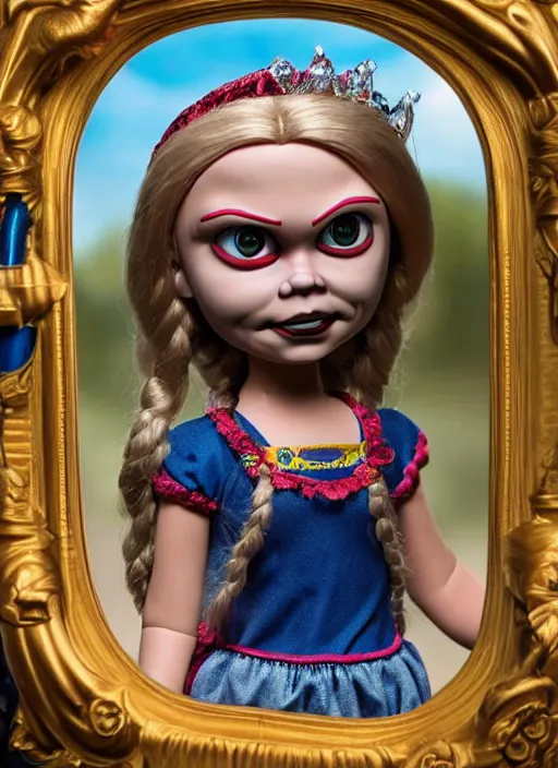Image similar to closeup face profile portrait of a tin toy greta thunberg as the bride of chucky as a fairytale princess wearing a crown, bikini, depth of field, zeiss lens, detailed, fashion photoshoot, by nicoletta ceccoli, mark ryden, lostfish, breathtaking, 8 k resolution, extremely detailed, beautiful, establishing shot, artistic, hyperrealistic, octane render