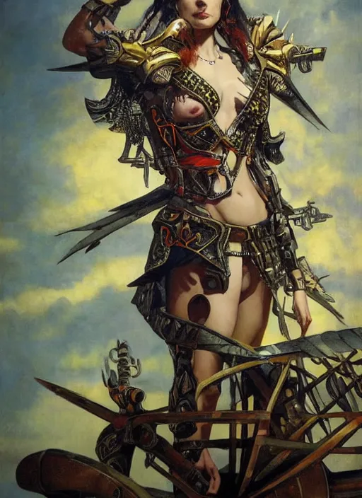 Image similar to dynamic pose! symmetry! closeup portrait of a biblical diabolical pirate female pharaoh, stylish cyborg armor, on a pirate ship, in clouds, strong studio lights, thunder, storm, sunset, by gerald brom, by mikhail vrubel, by peter elson, high contrast, muted colors, extreme detail, mirrors, trending on artstation, 8 k