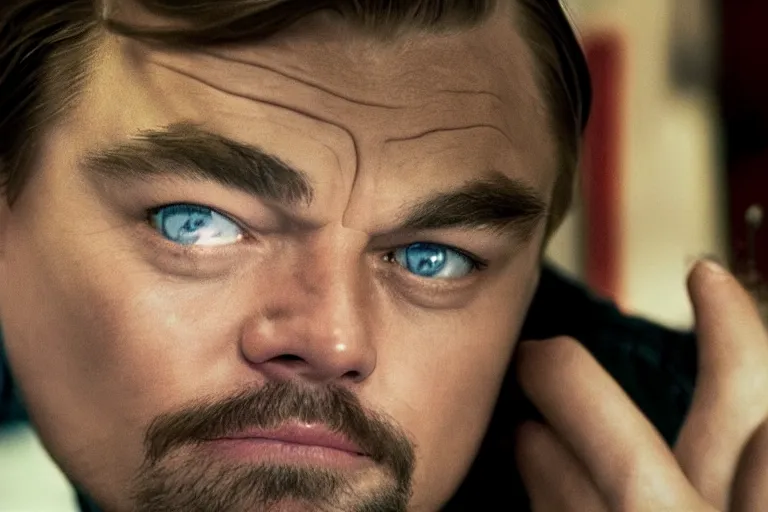 Image similar to close-up of Leonardo DiCaprio as a drug addict in abstinence in the new movie directed by Gaspar Noé, movie still frame, promotional image, symmetrical shot, idiosyncratic, relentlessly detailed, limited colour palette