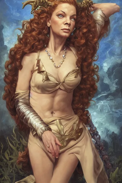 Image similar to A fantasy comic book style portrait painting of Lauren Bacall, hybrid, Susan Hayward, as an Atlantean Reptilian Warrior, François Boucher, Oil Painting, Mystical Valkyrie, unreal 5, DAZ, hyperrealistic, octane render, Regal, Refined, Detailed Digital Art, RPG portrait, William-Adolphe Bouguereau, Michael Cheval, Walt Disney (1937), Steampunk, dynamic lighting, Highly Detailed, Cinematic Lighting, Unreal Engine, 8k, HD