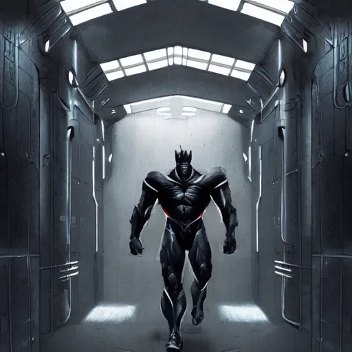 Image similar to a herculean anthro horse with an enormously muscular physique prowling in a black stealth suit, corridor of a high - tech facility, highly detailed, digital painting, artstation, concept art, illustration, art by artgerm, greg rutkowski, wlop