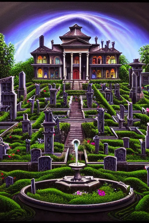 Prompt: a highly detailed painting of a haunted mansion with gardens and fountains surrounded by a cemetery, 1 9 8 0 s science fiction, 1 9 7 0 s science fiction, alien 1 9 7 9, cyberpunk, 3 d oil painting, depth perception, 4 k, artstation