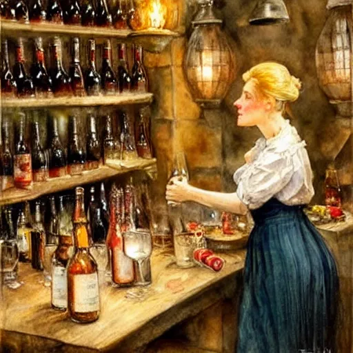 Image similar to hot blonde working in a wine cellar, food, pork, beer, schnapps, rustic, traditional, torches on the wall, watercolor by vladimir volegov and carl larsson