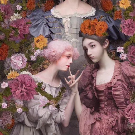 Image similar to 8k, octane render, realism, tonalism, renaissance, rococo, baroque, group of creepy young ladies wearing long harajuku manga dress with flowers and skulls, background chaotic flowers