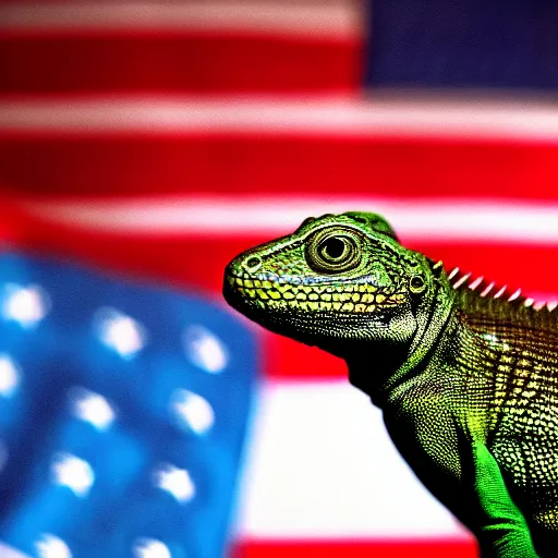 Image similar to A lizard alien creature standing in front of the american flag attempting to look patriotic but failing, presidential nomination photo