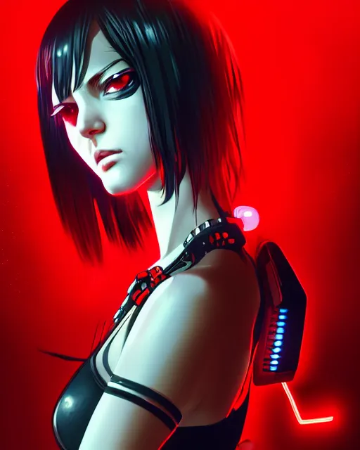 Image similar to a detailed potrait of a cyberpunk cyborg girl with black and red parts, fine - face, realistic shaded perfect face, detailed. night setting. very anime style. realistic shaded lighting poster by ilya kuvshinov katsuhiro, unreal engine, global illumination, radiant light, detailed and intricate environment