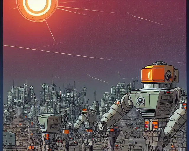 Image similar to gigantic solar robots towering over a small city by laurie greasley kelly freas