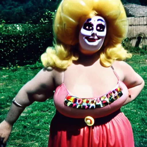 Image similar to 1976 glamorous chubby woman wearing an inflatable smiley head, wearing a dress, in a small village full of inflatable animals, 1976 French film archival footage technicolor film expired film 16mm Fellini new wave John Waters Russ Meyer movie still