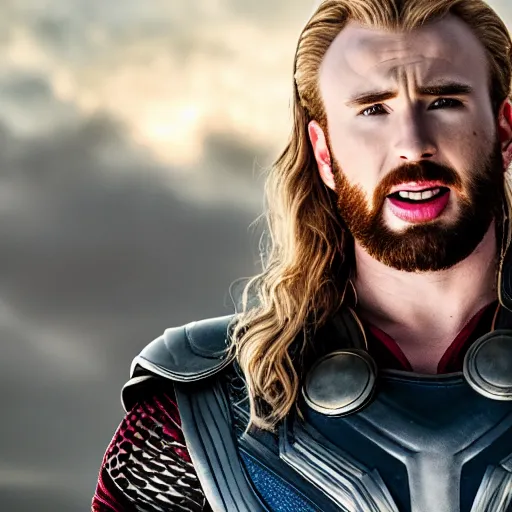 Image similar to chris evans as thor, marvel cinematic universe, mcu, canon eos r 3, f / 1. 4, iso 2 0 0, 1 / 1 6 0 s, 8 k, raw, unedited, symmetrical balance, in - frame,