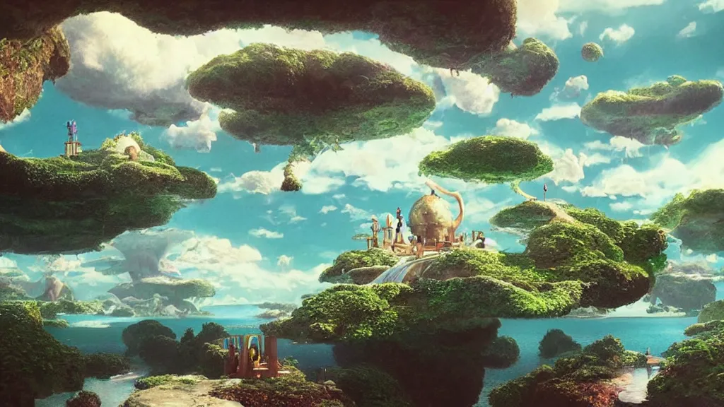 Image similar to floating islands with waterfalls connecting each other whimsical surrealism, based on child's drawing, lsd trip, dream recording, deep - space imaging fantastical setting isometric view octane render, art by salvador dali, greg rutkowski studio ghibli