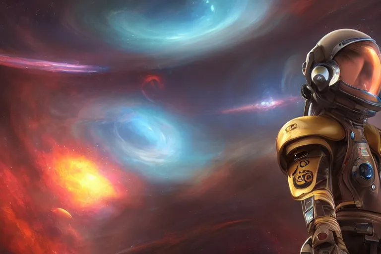 Image similar to character design, a human pilot back turned, holding a helmet, he walks towards his craft, helmet in hand, pterosaur styling on the space suit, kanji insignia and numbering, Raymond Swanland and Jessica Rossier nebula like clouds in space background near a ringed gas giant, hyper detailed hyper detailed, 8k, ultra realistic, cinematic lighting, ultra wide 35mm lens, Boeing Concept Art, Lockheed concept art