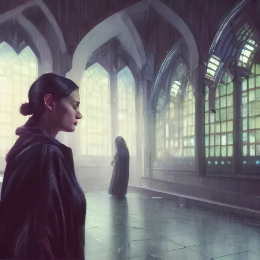 Image similar to detailed portrait of a woman, moment, cyberpunk cloisters, mosque, electronic billboards, tech noir, wet reflections, atmospheric, ambient, livia prima, greg rutkowski, edward hopper, pj crook