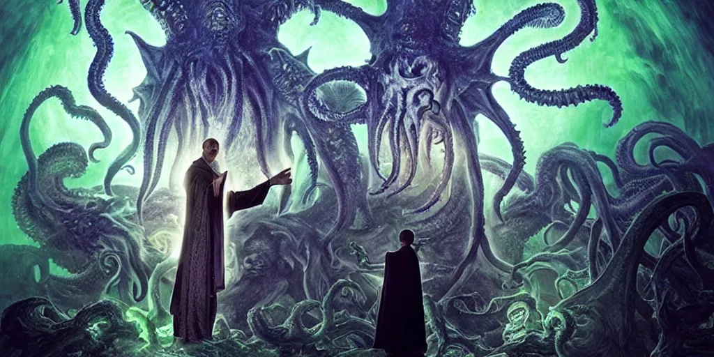 Prompt: photorealistic necromancer priest in an invoking ritual in front of a giant cthulhu in a large landscape, intricate, elegant, glowing lights, art by david lachapelle, photography by annie leibovitz