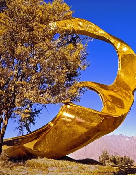 Image similar to vintage color photo of a giant liquid gold sculputure in Cordillera De Los Andes, 8k definition