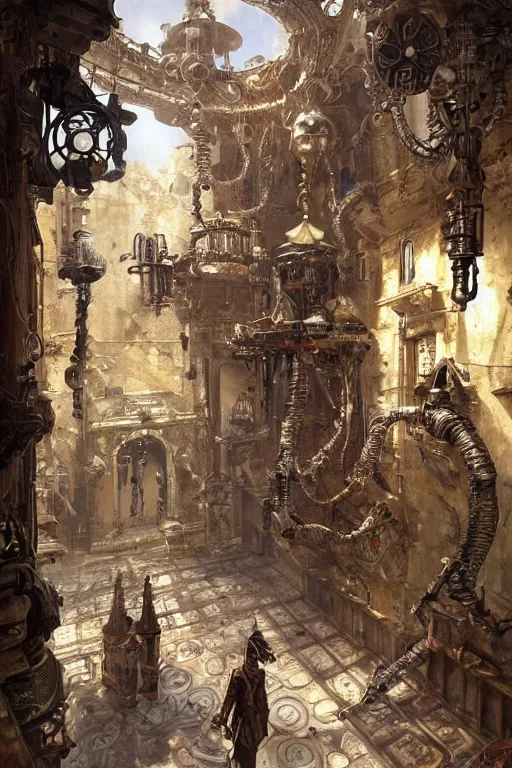 Image similar to a biomechanical palace guard made of machine parts and clocks is walking through a steampunk byzantine courtyard by anders zorn, wonderful, mandelbulb 3 d buildings, fractal designs, dynamic, masterpiece by greg rutkowski, hyperrealism, beautiful cinematic light, by greg manchess, jessica rossier