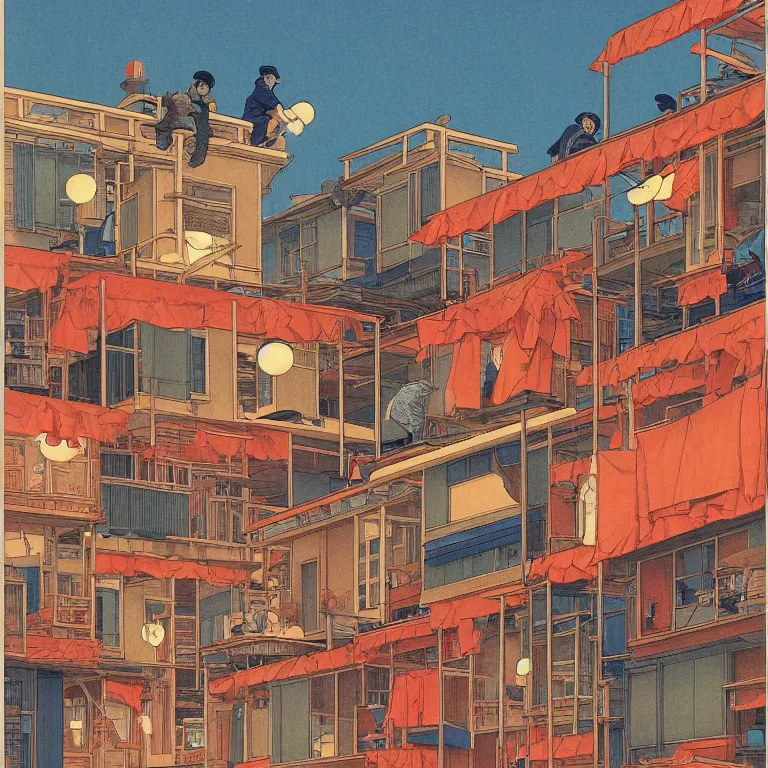 Image similar to workers exploited, living in hostels with bunk beds stacked on top of one another, by kawase hasui, moebius and edward hopper, vivid bright light, colorful flat surreal design, hd, 4 k, artstation
