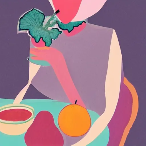 Image similar to beautiful lady, drinking tea, fruit basket, painting, abstract, clean shapes, pastel colors, ink lines