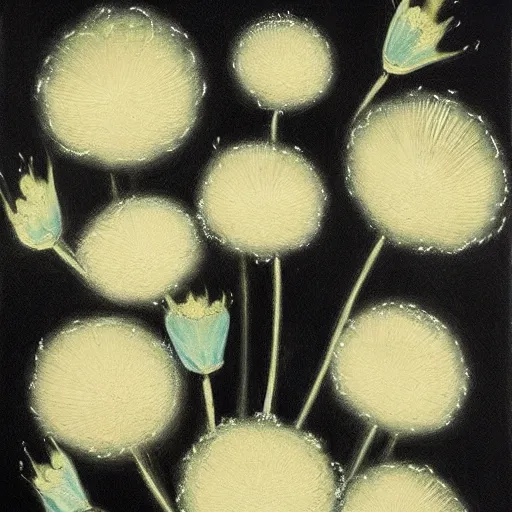 Prompt: a painting of a bunch of flowers on a black background, an ultrafine detailed painting by otto piene and ross bleckner, behance contest winner, nuclear art, biomorphic, dye - transfer, calotype