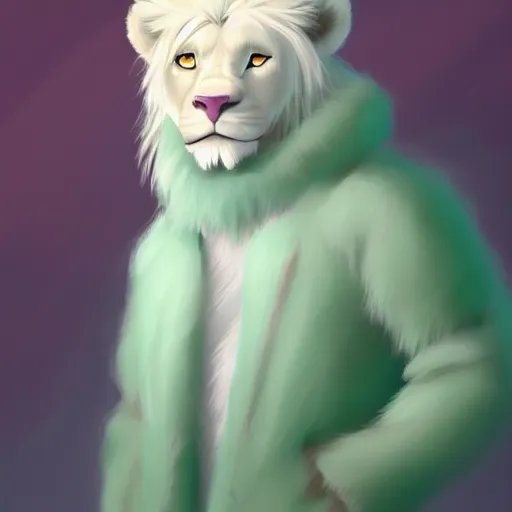 Image similar to aesthetic portrait commission of an albino male furry anthro lion wearing a cute mint colored, cozy, soft pastel winter outfit. winter atmosphere character design by dan volbert.