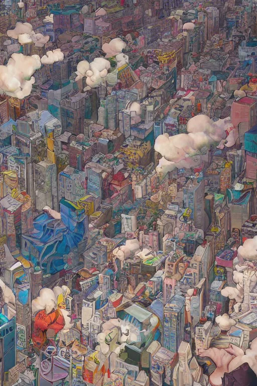 Image similar to people in a busy city covered with graffiti clouds, professional illustration by james jean, painterly, yoshitaka Amano, hiroshi yoshida, moebius, loish, painterly, and artgerm, illustration