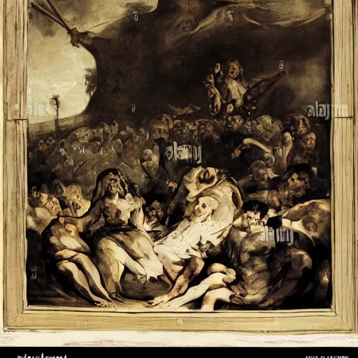 Image similar to A crowd of peasants and a pale woman sitting around a monster with horns, Francisco Goya style, high detailed faces, full hd, dark