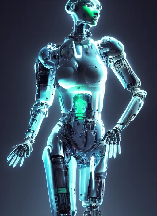 Image similar to photorealistic detailed full body picture of a female cyborg, pretty face, with head arms legs feet and hands, standing glamour pose, neon lights, humanoid, extreme, uhdr, book called the most influental cyborg in 2 0 5 0, fine details, highly detailed, intricate, smooth sharp focus, symmetrical features, environmental portrait, realistic render