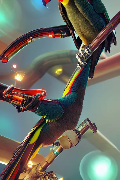 Image similar to a telephoto of a cyborg toucan, dynamic pose, chrome parts, glowing power source, intricate details, intricately detailed textures, warm lighting, vivid colors, realistic octane render, hyper realistic render, volumetric shading, depth of field, raytracing, 8 k,