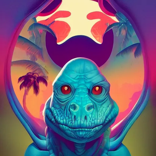 Image similar to Lofi vaporwave portrait dinosaur, Pixar style, Tristan Eaton, Stanley Artgerm, Tom Bagshaw