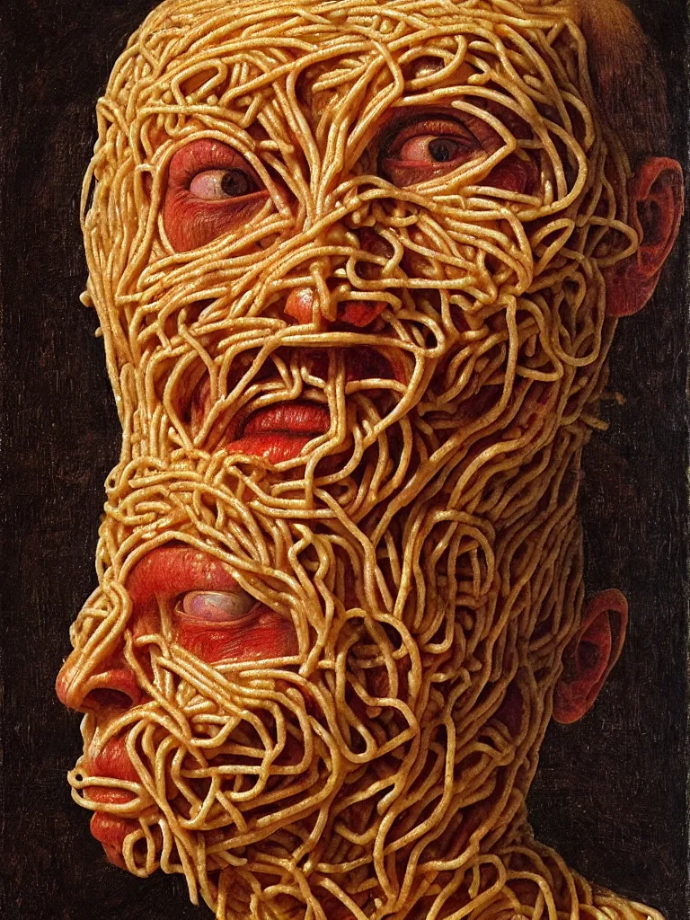 Image similar to a boy made of spaghetti, looking into camera, screaming in pain, by giuseppe arcimboldo and ambrosius benson, renaissance, intricate and intense oil paint, a touch of beksinski and hr giger and edward munch, realistic