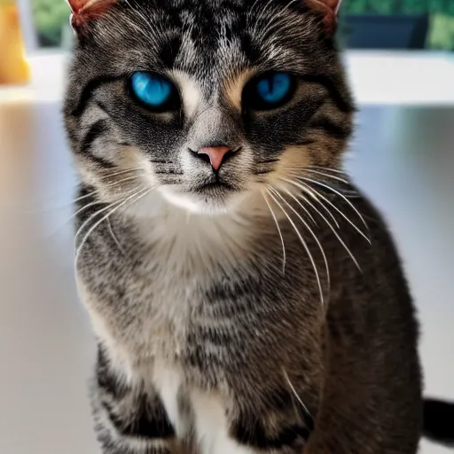 Prompt: a close up shot of a cat sitting upright with a blank stare staring at the camera